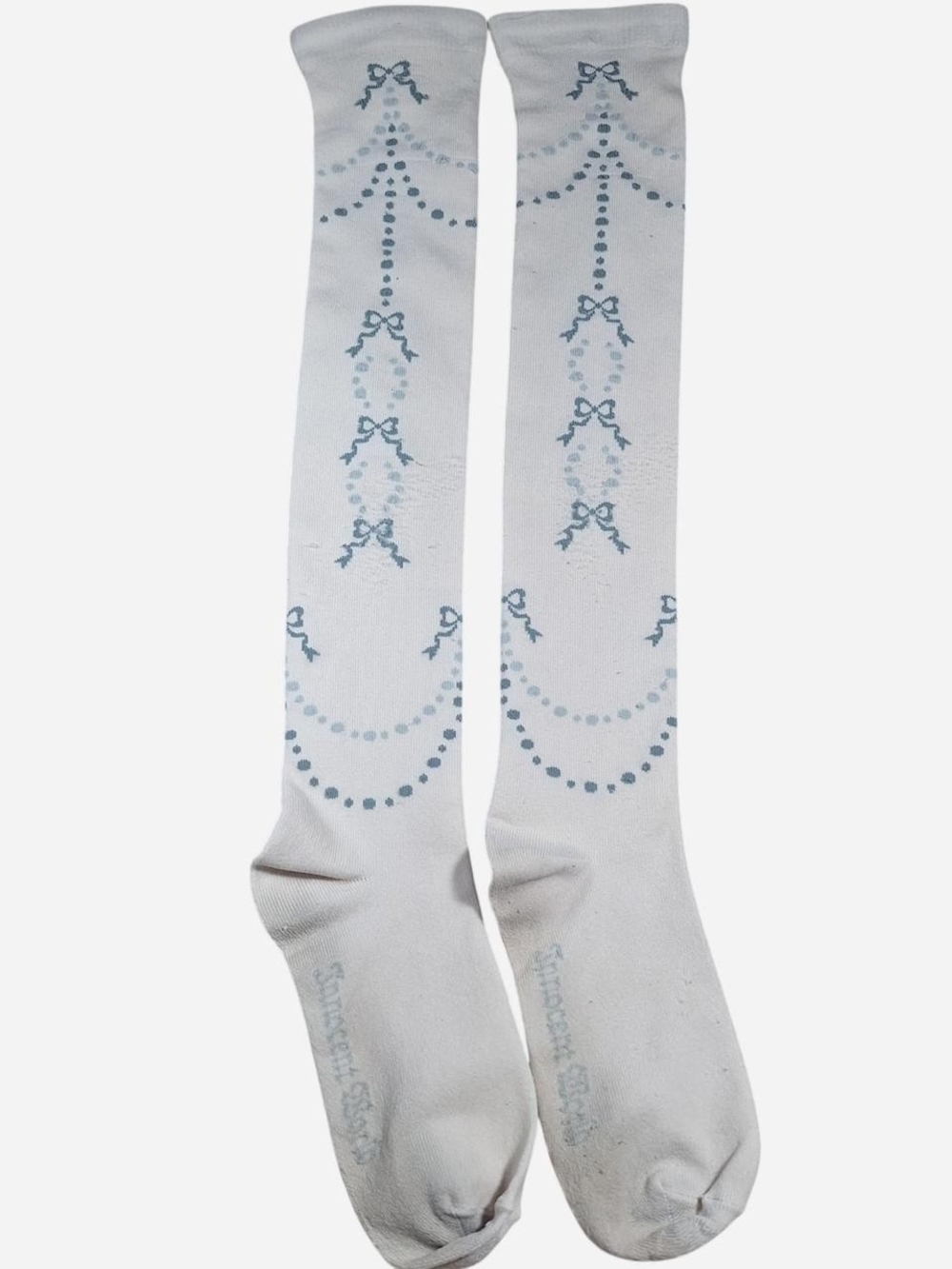 Innocent World Ivory Blue Bow & Dot Garland OTK Socks | Classic Lolita
